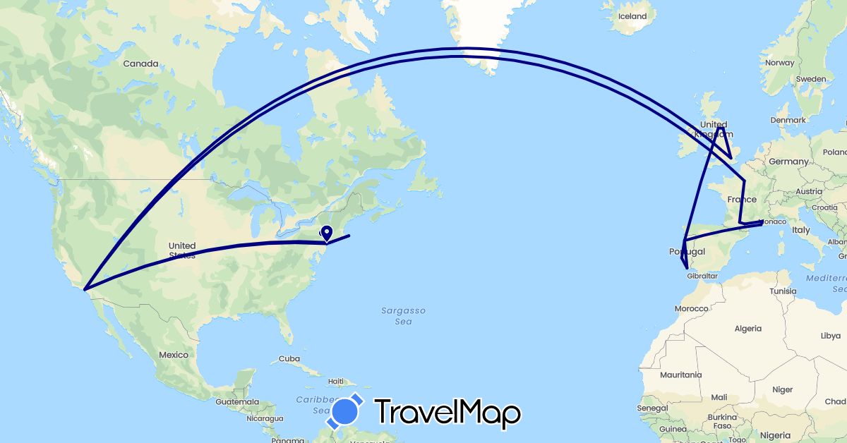 TravelMap itinerary: driving in France, United Kingdom, Portugal, United States (Europe, North America)